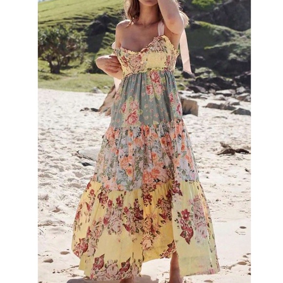 Floral Boho Maxi Flared Dress Shoulder Ties Smocked Shirred Bodice - Picture 1 of 12